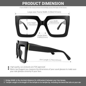 VOOGLAM Stylish Black Square Frame Blue Light Glasses