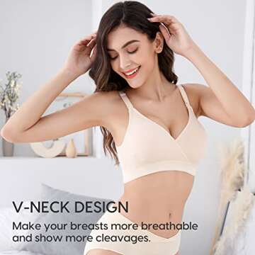 Vinfact 3 Pack Nursing Bras for Breastfeeding Seamless V Neck Maternity Bra Women Pregnancy Breastfeeding Bra - L,Black/Nude/Grey