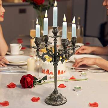 Sungmor Heavy Duty Cast Iron Candlestick Holders - Handcrafted Vintage Candelabra - 17Inch Tall & 5 Arms Candle Holders - Decorative Pillar Candle Stand for Christmas Birthday Wedding Home Party