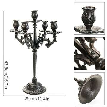 Sungmor Heavy Duty Cast Iron Candlestick Holders - Handcrafted Vintage Candelabra - 17Inch Tall & 5 Arms Candle Holders - Decorative Pillar Candle Stand for Christmas Birthday Wedding Home Party