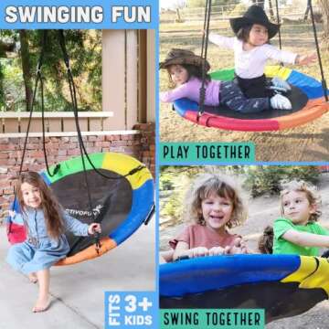 Fun Flying Saucer Swing for Kids Outdoor, Adults 700lb Max Support, Fits 3+ Kiddos | Family Round Sw...