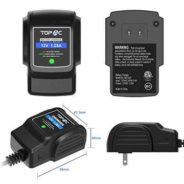 TOPAC 12 Volt 1.25A Automatic Car Battery Charger and Maintainer for automotive, motorcycle, boat & marine, RV, toys, power tool, lawn & garden battery systems