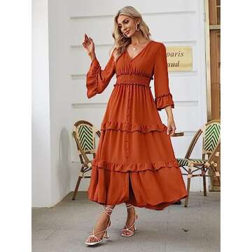 Amegoya Women's V Neck Long Sleeve Boho Maxi Dress Smocked Empire Waist Flowy Ruffle Tiered Photoshoot Dress (Burnt Orange S)
