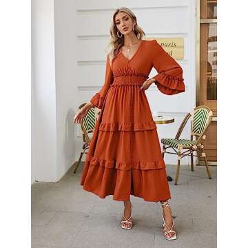 Amegoya Women's V Neck Long Sleeve Boho Maxi Dress Smocked Empire Waist Flowy Ruffle Tiered Photoshoot Dress (Burnt Orange S)