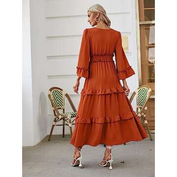 Amegoya Women's V Neck Long Sleeve Boho Maxi Dress Smocked Empire Waist Flowy Ruffle Tiered Photoshoot Dress (Burnt Orange S)
