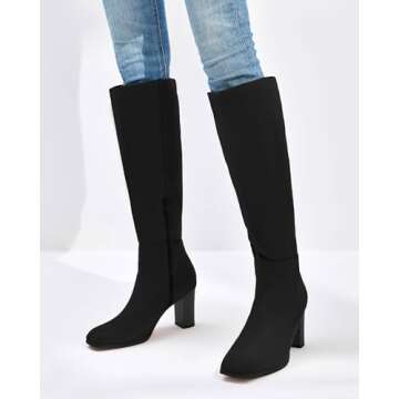 Coutgo Womens Knee High Boots Chunky Block Heels Square Toe Side Zipper Faux Suede Fall Winter Comfo...