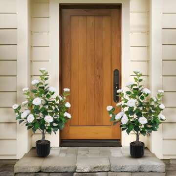 Hananona 2 Pcs Artificial Camellia Trees Faux Camellia Plant in Pot with Flowers Indoor Plants for S...