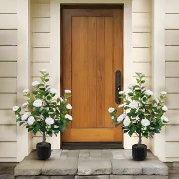 Hananona 2 Pcs Artificial Camellia Trees Faux Camellia Plant in Pot with Flowers Indoor Plants for S...