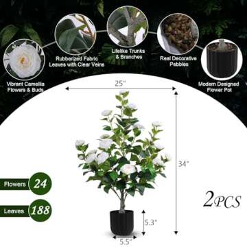 Hananona 2 Pcs Artificial Camellia Trees Faux Camellia Plant in Pot with Flowers Indoor Plants for Spring Home Decor Outdoor Porch Front Door Decor (White, M)