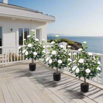 Hananona 2 Pcs Artificial Camellia Trees Faux Camellia Plant in Pot with Flowers Indoor Plants for Spring Home Decor Outdoor Porch Front Door Decor (White, M)