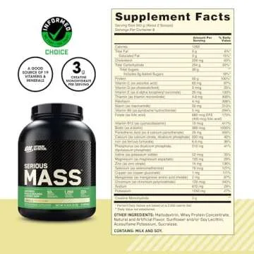 Optimum Nutrition Serious Mass, Weight Gainer Protein Powder, Mass Gainer, Vitamin C and Zinc for Immune Support, Creatine, Vanilla, 6 Pound (Packaging May Vary)