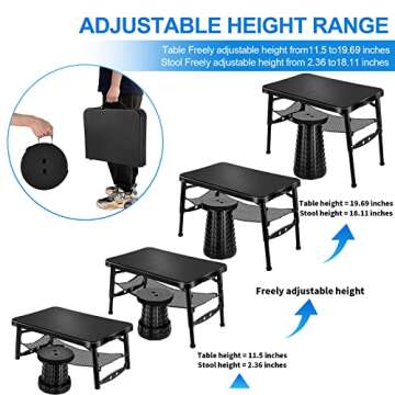 KPR Retractable Small Folding Table and Stool Set, Portable Camping Foldable Table Lightweight Yet More Sturdy with Adjustable Stool for Outdoor Picnic, Beach, Camp, Also Ideal as Lap Desk, Bed Table