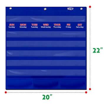 Blue Calendar Pocket Chart with 104 Cards,(72 Illustrated Activity Cards, 32 Dry Erasable Flash Cards and 3 Hooks 20"x22")