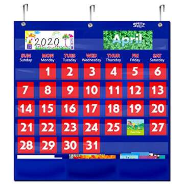 Blue Calendar Pocket Chart with 104 Cards,(72 Illustrated Activity Cards, 32 Dry Erasable Flash Cards and 3 Hooks 20"x22")
