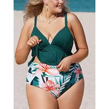 CUPSHE Women's High Waisted Green and Floral Ruffled Plus Size Bikini, Size 0X