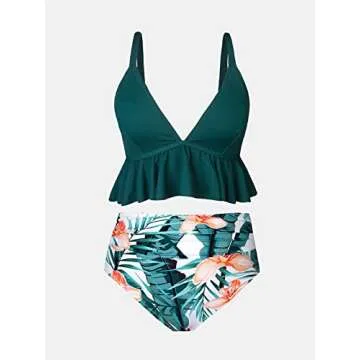 CUPSHE Women's High Waisted Green and Floral Ruffled Plus Size Bikini, Size 0X