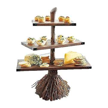 Ochine Halloween Cupcake Stand 3 Tier Dessert Stand,Wooden Broomstick Tray Snack Server Dessert Fruit Table Stand Food Display Stand Cake Stand Tower for Halloween Decoration Halloween Supplies