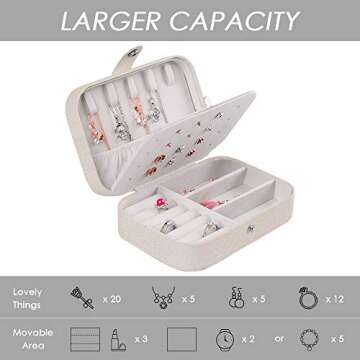 XYMAO Jewelry Boxes, Portable PU Leather Jewelry Boxes for Women Girls, Travel Jewelry Organizer for Necklace,Ring,Earring (Glitter White)
