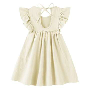 LYXIOF Toddler Baby Girl Cotton Linen Dress Ruffle Sleeve Halter Sleeveless Kids Casual Dresses Beig...