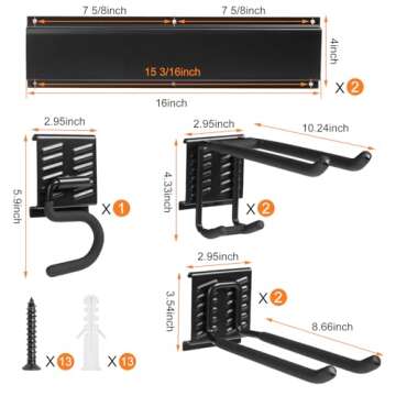 Tetuju Garage Tool Organizer Wall Mount with 5 Removable Heavy Duty Garage Hooks，Garage Organization and Storage，Garden Tool Organizer，Shovel and Rake Hangers Yard Tool Rack，Rack Hold Up to 265lbs