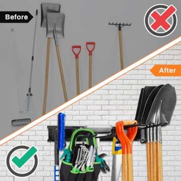 Tetuju Garage Tool Organizer Wall Mount with 5 Removable Heavy Duty Garage Hooks，Garage Organization and Storage，Garden Tool Organizer，Shovel and Rake Hangers Yard Tool Rack，Rack Hold Up to 265lbs