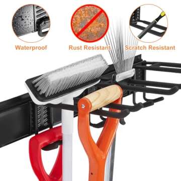 Tetuju Garage Tool Organizer Wall Mount with 5 Removable Heavy Duty Garage Hooks，Garage Organization and Storage，Garden Tool Organizer，Shovel and Rake Hangers Yard Tool Rack，Rack Hold Up to 265lbs