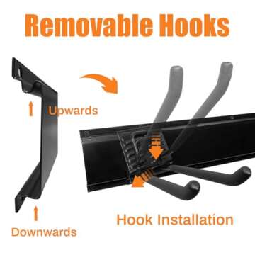 Tetuju Garage Tool Organizer Wall Mount with 5 Removable Heavy Duty Garage Hooks，Garage Organization and Storage，Garden Tool Organizer，Shovel and Rake Hangers Yard Tool Rack，Rack Hold Up to 265lbs