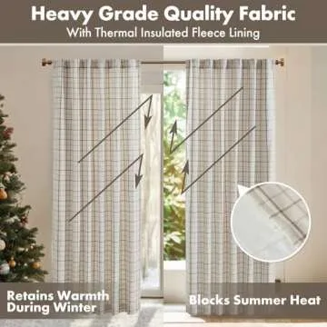 Madison Park Anaheim Cabin Plaid Curtain Window, Thermal Insulated Fleece Lining, Living Room Decor Light Blocking Drape for Bedroom, 1-Single Panel Pack, 50" x 95", Rod Pocket, Natural