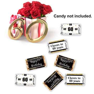 Black and Gold 60th Birthday Party Mini Candy Bar Wrapper Stickers - 60th Birthday Party Favors-60th Birthday Stickers- Pack of 54 Stickers