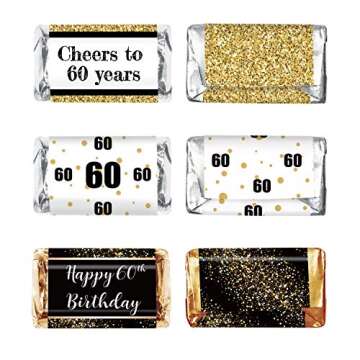 Black and Gold 60th Birthday Party Mini Candy Bar Wrapper Stickers - 60th Birthday Party Favors-60th Birthday Stickers- Pack of 54 Stickers