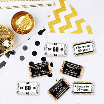 Black and Gold 60th Birthday Party Mini Candy Bar Wrapper Stickers - 60th Birthday Party Favors-60th Birthday Stickers- Pack of 54 Stickers