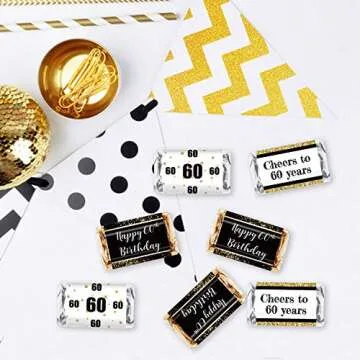 Black and Gold 60th Birthday Party Mini Candy Bar Wrapper Stickers - 60th Birthday Party Favors-60th Birthday Stickers- Pack of 54 Stickers
