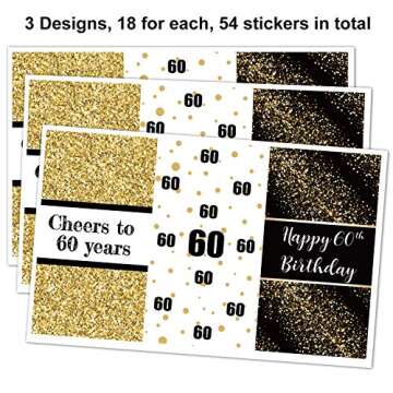 Black and Gold 60th Birthday Party Mini Candy Bar Wrapper Stickers - 60th Birthday Party Favors-60th Birthday Stickers- Pack of 54 Stickers