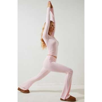 MISSACTIVER Women's Two Piece Outfit Basic Long Sleeve Crop Top and Low Rise Flare Pants Set Lounge 2 Piece Yoga Tracksuit（Pink, Medium