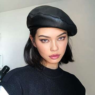 YRPNDP PU Leather Beret, French Lady Beret, Fashion Warm Hat Black