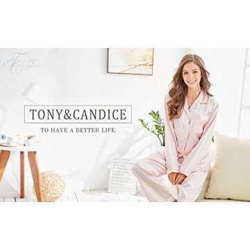 Tony & Candice Women's Classic Satin Pajama Set Sleepwear Loungewear (Small, Light Pink)