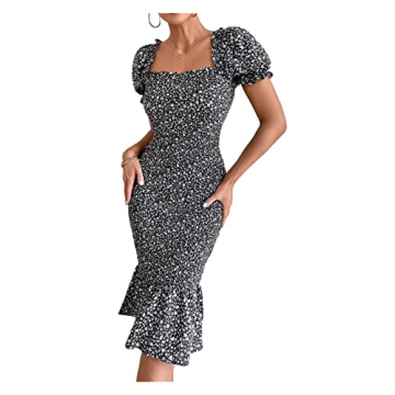 PRETTYGARDEN Women's Summer Floral Midi Bodycon Dress with Puff Sleeves and Ruffled Hem
