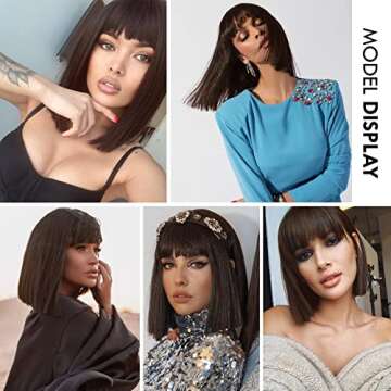 ENTRANCED STYLES Brown Wigs for Women Short Bob Wig with Bangs Straight Brunette Cosplay Wig Heat Re...