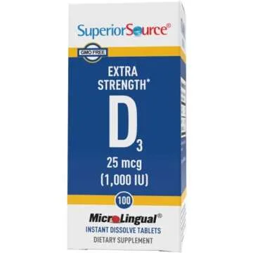 Superior Source Vitamin D3 1000 IU, Quick Dissolve MicroLingual Tablets, 100 Count, Helps Promote Strong Bones and Teeth, Immune Support, Helps Maintain Healthy Muscle Function, Non-GMO