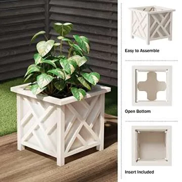Lattice Design Planter Box 2-Pack – 14.75-Inch Decorative Outdoor Flower or Plant Pots – Front Porch, Patio, and Garden Decor by Pure Garden (White)