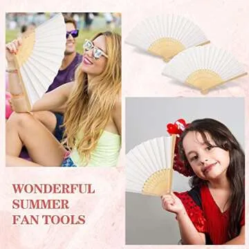 Yinkin 100 Pack Folding Fans Bamboo Handheld Folded Craft Hand Japanese Chinese Fans for Weddings Bridal Dancing Church DIY Decoration Women Kids Gift Party Favors (White)