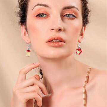 DAMLENG 3D Lifelike Red Apple Earrings Heart Half Apple Fruits Dangle Earrings for Women Statement Jewelry (Red)