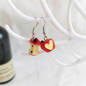 DAMLENG 3D Lifelike Red Apple Earrings Heart Half Apple Fruits Dangle Earrings for Women Statement Jewelry (Red)