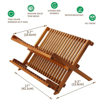 Utoplike Collapsible Teak Dish Rack for Kitchen Organization