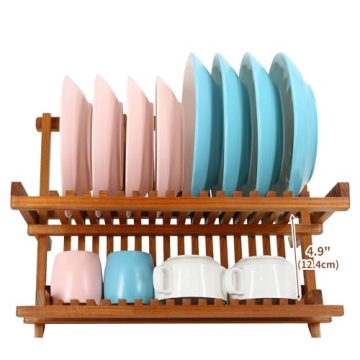 Utoplike Collapsible Teak Dish Rack for Kitchen Organization