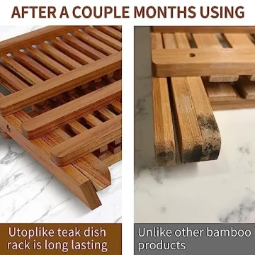 Utoplike Collapsible Teak Dish Rack for Kitchen Organization