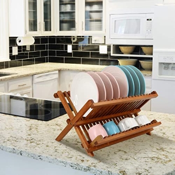 Utoplike Collapsible Teak Dish Rack for Kitchen Organization