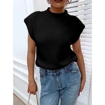 GORGLITTER Women's Cap Sleeve Knit Sweater Vest Mock Neck Business Casual Corporate Pullover Top Sol...
