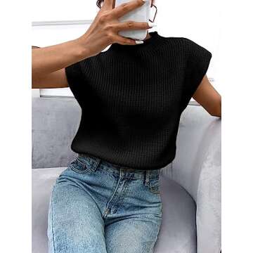 GORGLITTER Women's Cap Sleeve Knit Sweater Vest Mock Neck Business Casual Corporate Pullover Top Solid Black Medium