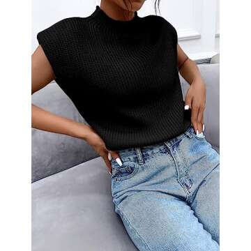 GORGLITTER Women's Cap Sleeve Knit Sweater Vest Mock Neck Business Casual Corporate Pullover Top Solid Black Medium